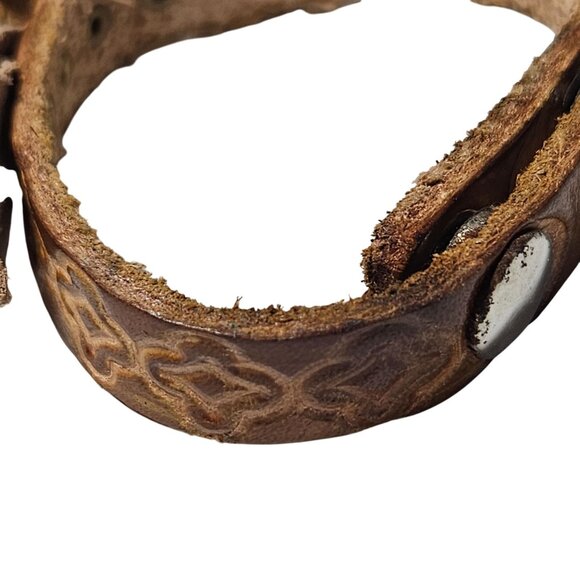 Handcrafted Retro Leather Floral Cuff Bracelet Adjustable Snap Closure 60s 70s - Picture 4 of 6